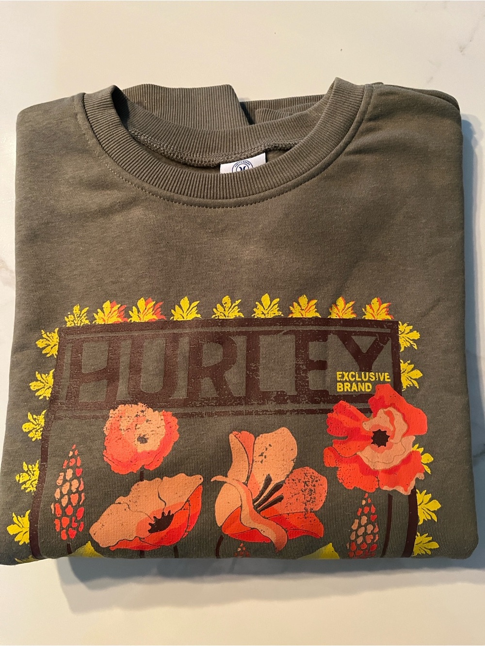 Hurley Olive Green Floral Graphic Sweatshirt with Yellow Accents